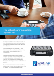 Lightwriter SL50 Brochure Cover - Sentient Healthcare